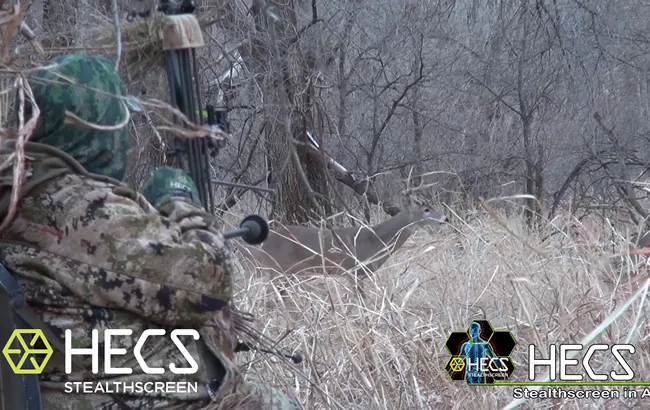 Man shooting at deer in distance with bow and arrow